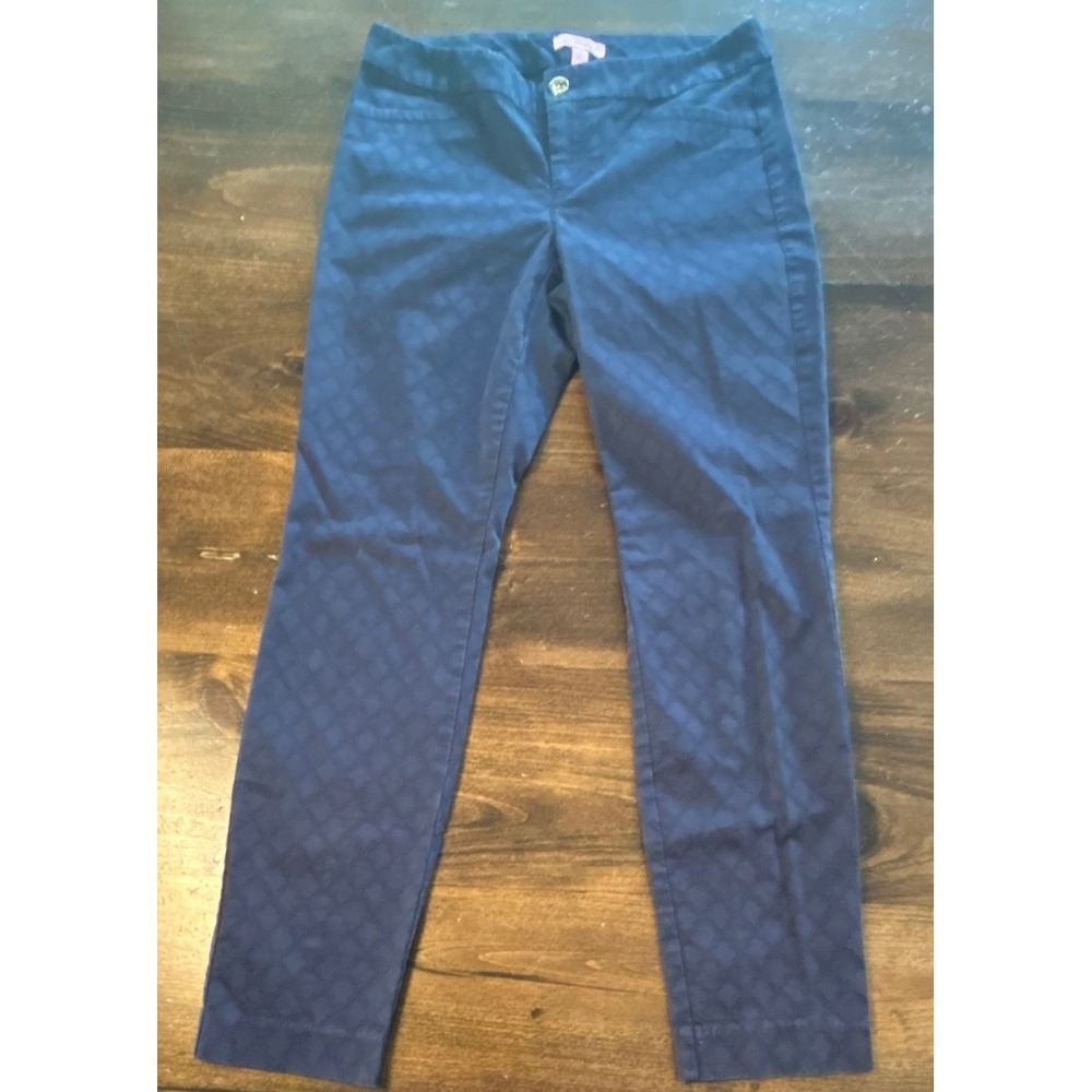 Lilly Pulitzer Kelly Textured Pants 4 Navy Blue Jacquard Preppy Coastal Classic